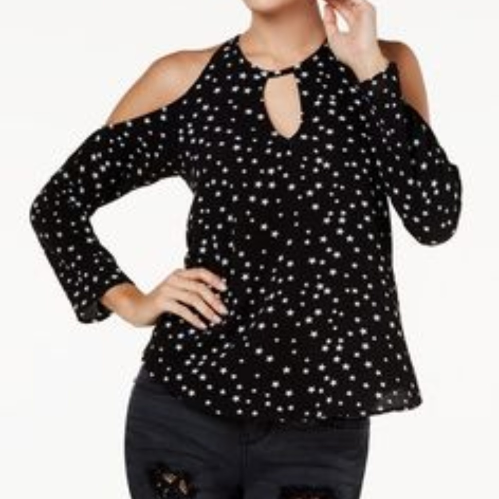 7 Sisters Juniors' Printed Cold-Shoulder Top